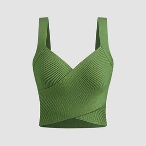Cider - KNITTED V-NECK SOLID WRAP TEXTURE CROP TANK TOP- Green XL